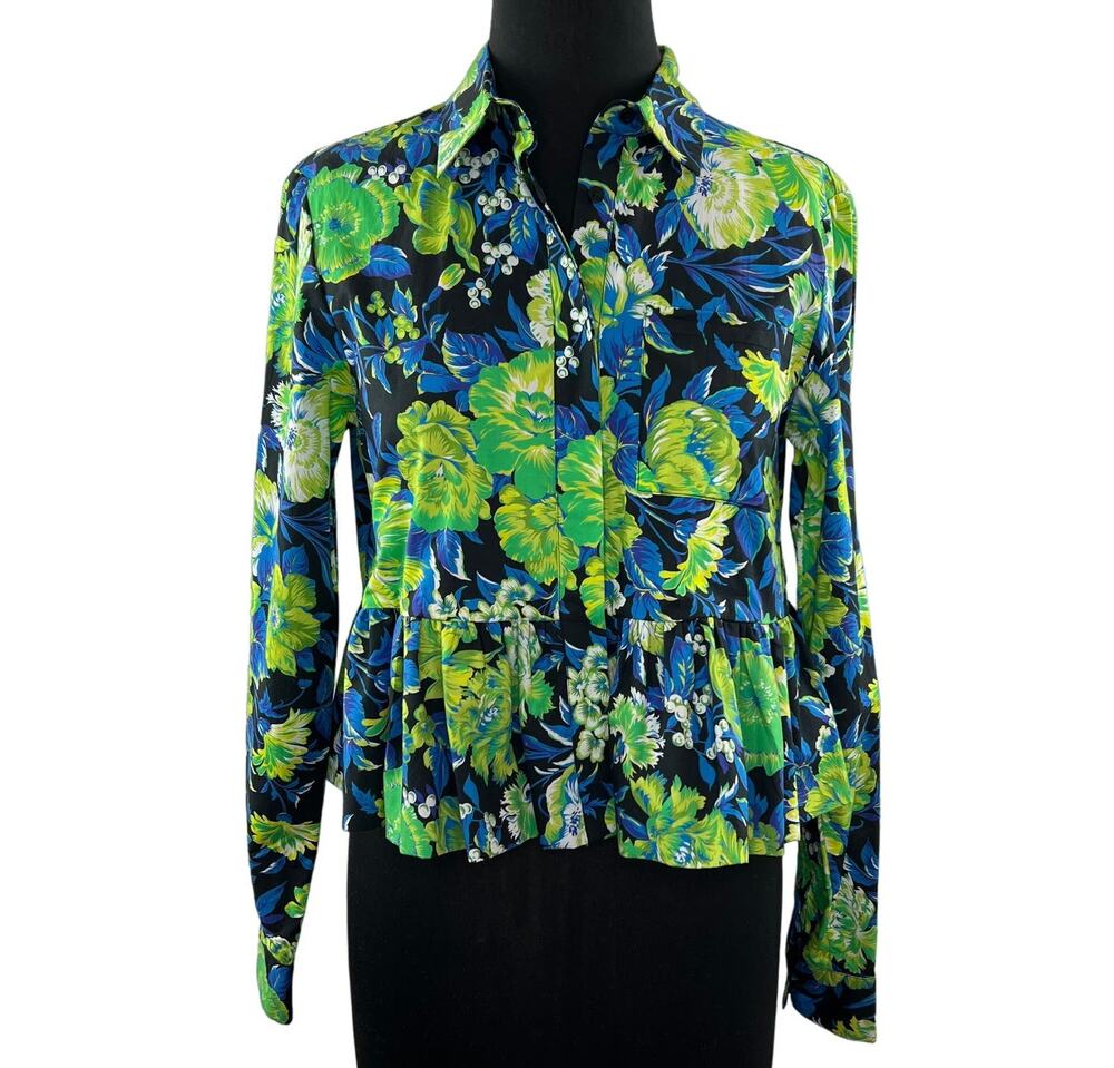 MSGM Milano Blouse Green Floral Cotton Collared Pleated Button Up Size 40 ITALY